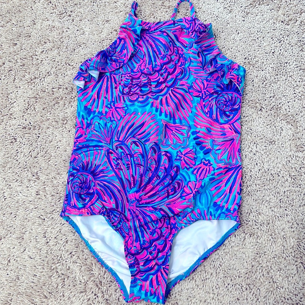 Lilly Pulitzer Girls Suraya Turquose Oasis Shelliedescope Swimsuit Sz 8 EUC